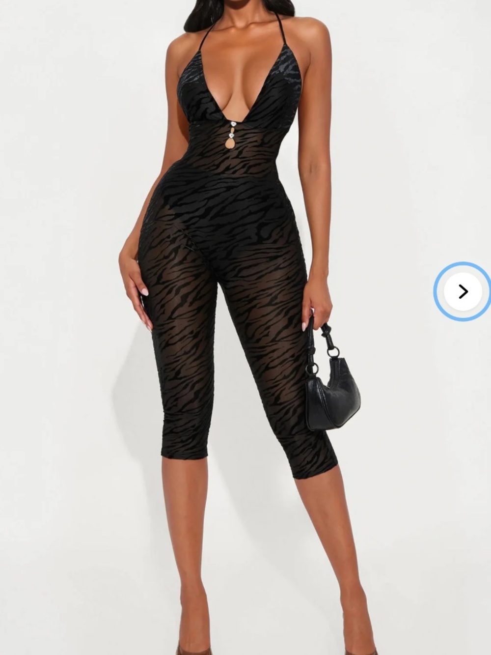 FashionNova Black Mesh Zebra Print Capri Jumpsuit